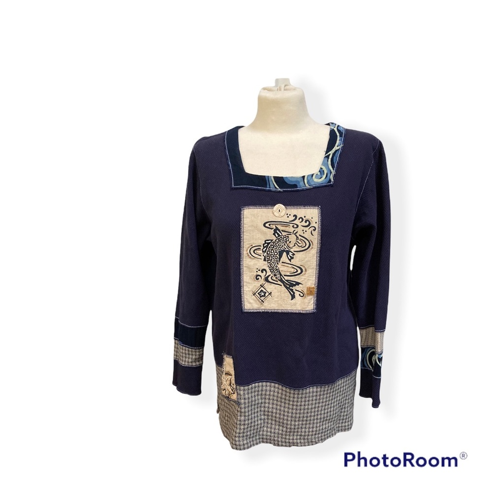 Blue Tunic Top Asian Inspired Decorative Patches Koi Fish Cute Detail M